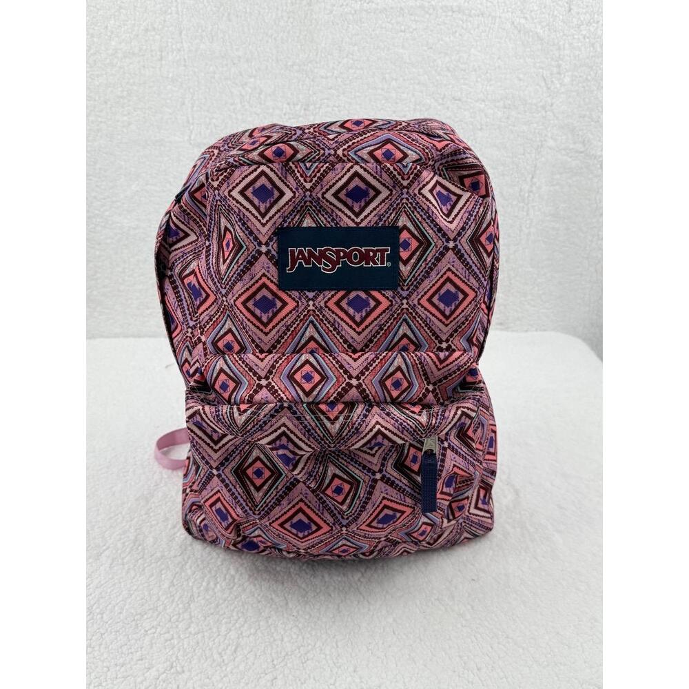 JanSport Pink Purple Printed Pattern Multi Color Front Zip Pocket Backpack‎